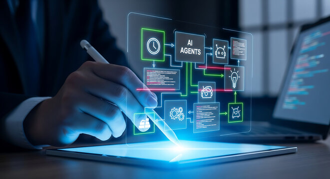 Business professional using a stylus to interact with a glowing holographic AI agents workflow diagram on a tablet, suitable for tech consulting, AI implementation and digital transformation planning