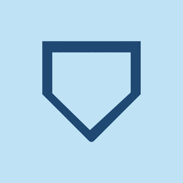 A dark blue baseball home plate icon on a light blue background