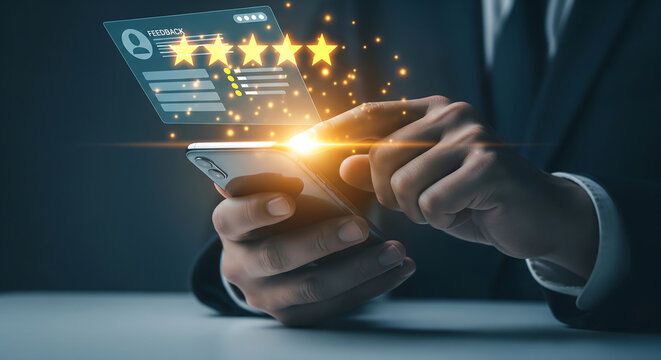 Digital customer experience with a hand interacting with glowing 5-star ratings on a smartphone screen, concept for service quality evaluation, business reputation management, and online feedback