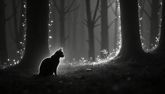 Black cat sitting in a dark forest illuminated by soft light  