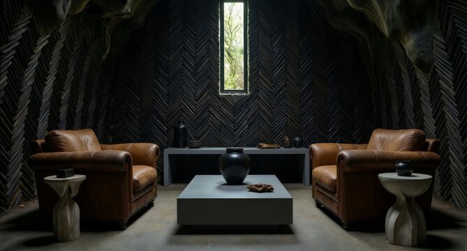 Dark Cave Interior Luxury Seating Room Modern Rustic Design