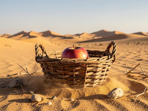 Fresh red apple resting in woven basket placed on desert sand dunes.