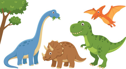 Cute Dinosaur Vector Cartoon Set Featuring Tyrannosaurus Rex Brachiosaurus Triceratops and Pterodactyl Flying Reptile Illustrations for Kids Prehistoric Era Graphic Designs © amzad