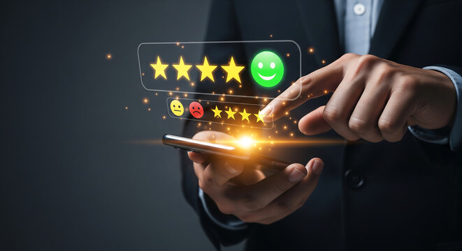 Businessman holding smartphone, touching holographic 5-star positive rating with happy emoji on dark background, concept for customer feedback, service review and brand reputation management