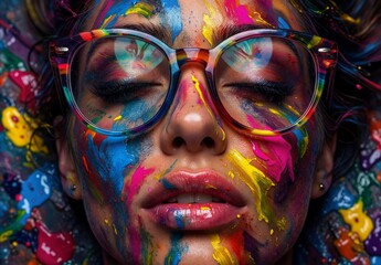 Obraz premium Vibrant Colorful Face Paint Portrait with Rainbow Glasses