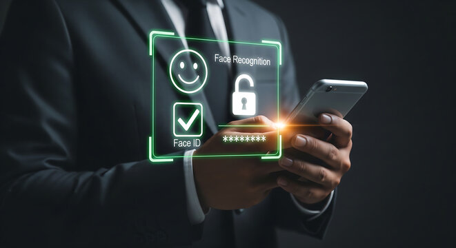 Businessman in dark formal suit holding a smartphone with glowing green face recognition hologram overlay, perfect for cybersecurity campaigns, fintech marketing, enterprise identity solutions