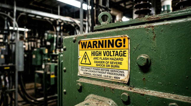 Warning label, transformer, high voltage, arc flash, danger sign on green electrical equipment inside industrial power station with cable and metal panel
