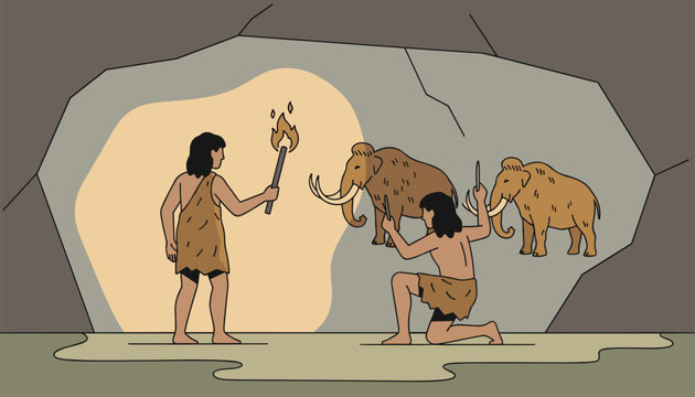 Two primitive cavemen painting brown mammoths on a stone cave wall with a burning torch for lighting.