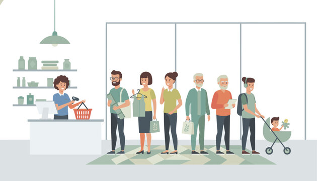 Diverse group of people standing patiently in a long queue at a retail store checkout counter with the cashier.
