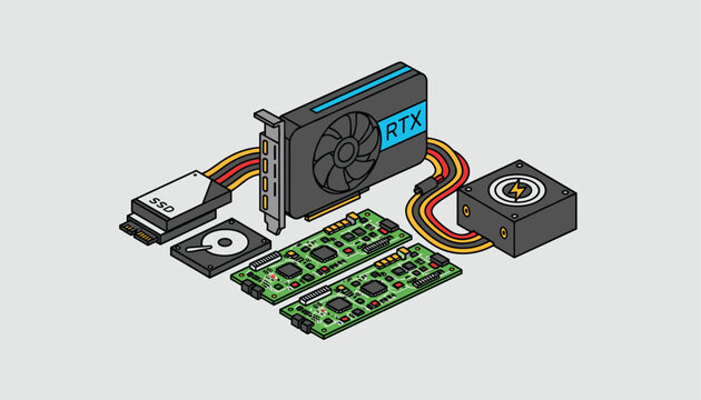 Isometric vector illustration of high performance computer hardware components on a plain gray background.