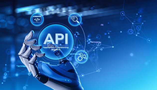 Robot Hand Holding API Hologram - Application Programming Interface and AI Technology Concept