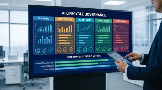 Businessman analyzing AI data on screen.