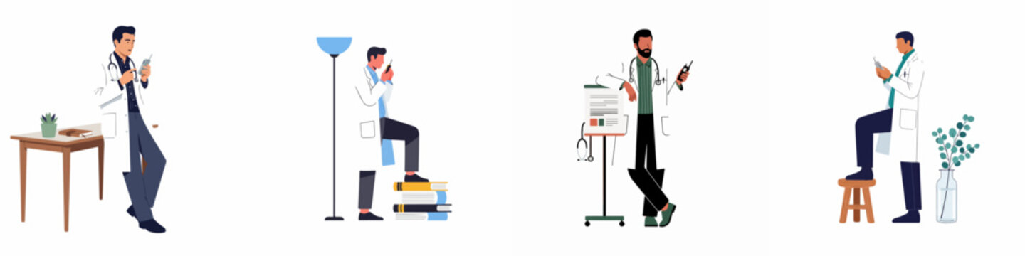 Set of four male doctors in white coats using mobile phones and pagers in various professional poses, vector illustration on white background.