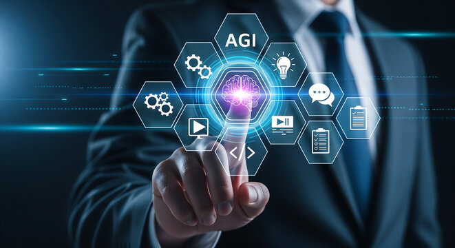 Professional businessman's hand on a futuristic holographic interface displaying AGI concept icons, symbolizing advanced artificial intelligence development and innovation for technology articles,