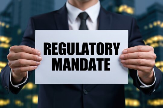 Businessman holding a sign with the words regulatory mandate