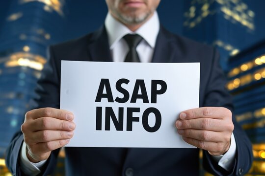 Businessman holding a sign with the words asap info