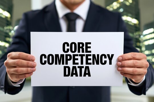 Businessman holding a sign with the words core competency data