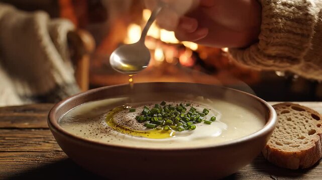 Creamy vegetable soup with herbs served beside bread near warm fireplace
