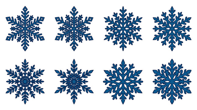 A collection of eight unique blue snowflake icons on white background
