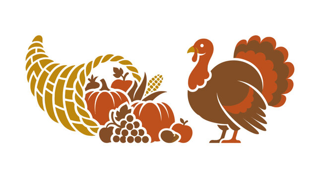 Thanksgiving cornucopia and turkey bird on white background