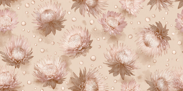 Soft Protea Floral Seamless Pattern with Watercolor Accents