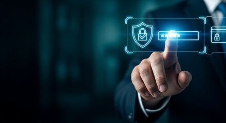 Fototapeta premium Businessman's hand touching a glowing holographic password field with cybersecurity shield icon on dark background, concept for online protection, fintech security and digital identity management