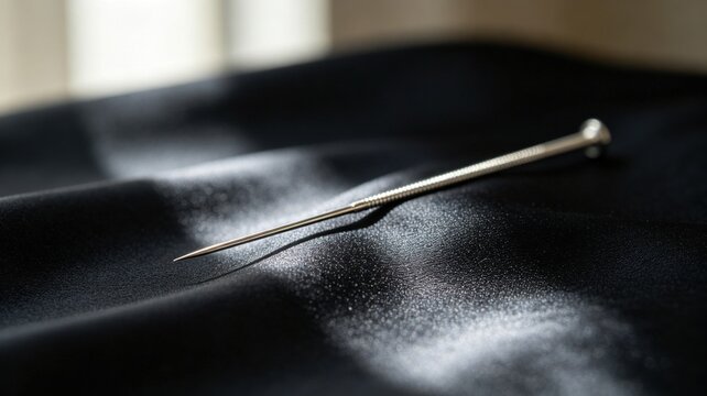 acupuncture. Slender silver acupuncture needle on dark silk fabric. STEM education sheets, lab safety posters, designed for STEM education and laboratory safety posters.