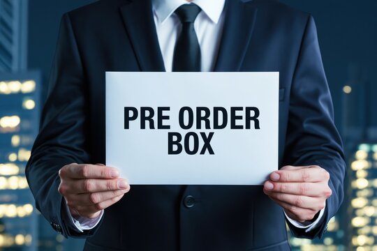 Corporate businessman holding a sign displaying the concept of pre order box