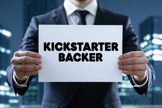 Corporate businessman holding a sign displaying the concept of kickstarter backer