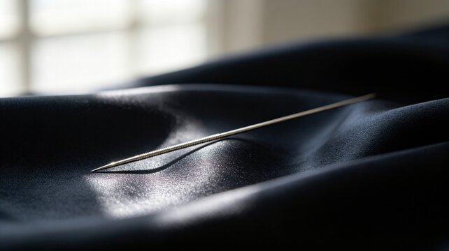 acupuncture. Slender silver acupuncture needle on dark silk fabric. STEM education sheets, lab safety posters, designed for STEM education and laboratory safety posters.