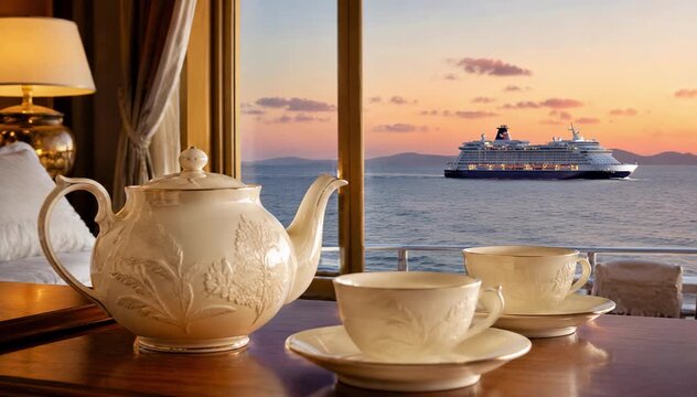 Elegant Afternoon Tea with Cruise Ship at Sunset