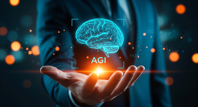 Businessman's open palm holding a glowing neon blue wireframe digital brain with AGI text, dark bokeh background, concept for AI innovation, enterprise technology and artificial intelligence research