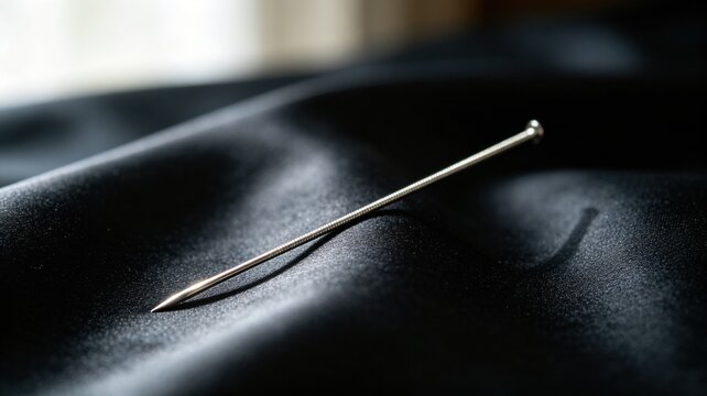 acupuncture. Slender silver acupuncture needle on dark silk fabric. STEM education sheets, lab safety posters, designed for STEM education and laboratory safety posters.