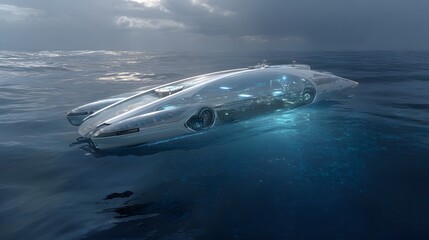 Naklejka premium Large autonomous ocean cleaning vessel with sleek futuristic design gliding across the sea, collecting floating waste, cross section view beneath the water revealing advanced system converting