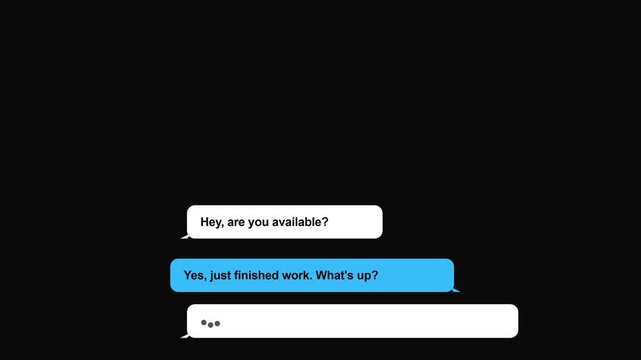 Chat bubbles typing animation simulation showing social media conversation exchange with blue and white bubbles on black screen