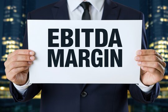 Corporate businessman holding a white paper document with the text ebitda margin