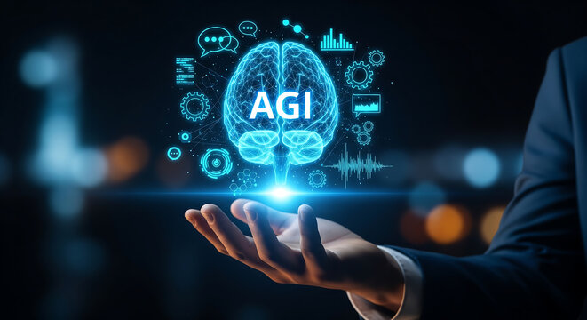 Businessman's outstretched hand holding a glowing wireframe brain hologram with AGI text and digital tech icons, perfect for AI development, tech innovation campaigns and future computing content