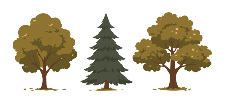 Set of autumn trees in fall colors. Vector illustration collection of forest and park enviroment element