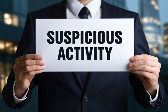 Businessman holding a white paper sign with suspicious activity message