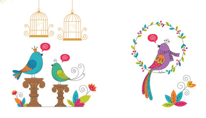 Fototapeta premium Colorful cartoon birds singing on decorative stands and a floral wreath with cages hanging in the background, representing freedom.