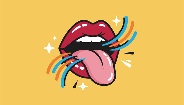 creative pop art illustration features an open mouth with red lips and a tongue out, surrounded by abstract colorful lines.