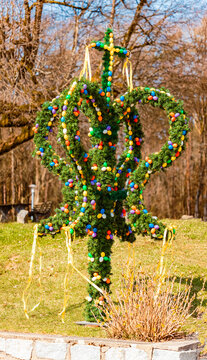 Spring landscape with a traditional bavarian easter decoration on a sunny day at Mount Pilgramsberg, Rattiszell, Straubing, Bogen, Bavaria, Germany