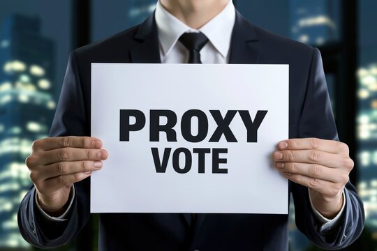 Professional businessman holding white paper sign showing proxy vote concept