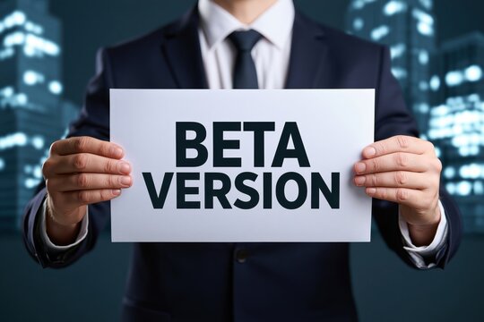 Corporate businessman holding a white paper with beta version message
