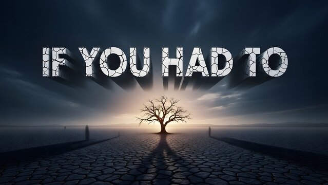 Tree stands solitary on a cracked earth landscape under a dark sky with bold text floating above it.