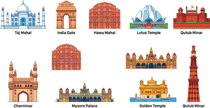 India travel icons showcase famous landmarks and Indian architecture in a landmark collection set