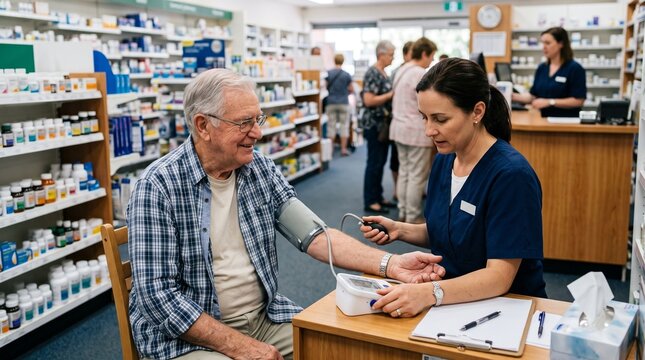 Pharmacist checks elderly man's blood pressure in a well stocked pharmacy aisle