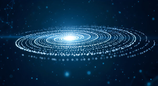 Abstract spiral galaxy formation made of glowing blue particles creating a bright technological vortex in a deep dark space background