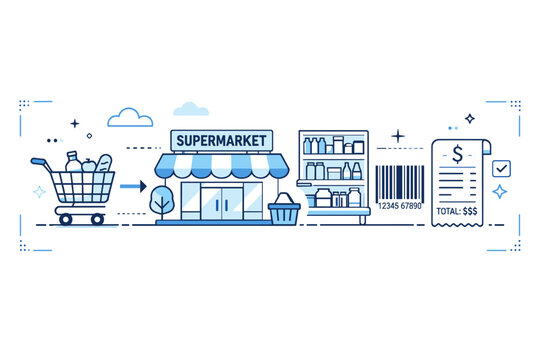 Vector line illustration of supermarket shopping process with cart, store facade, shelves, barcode scanning, and receipt showing total payment