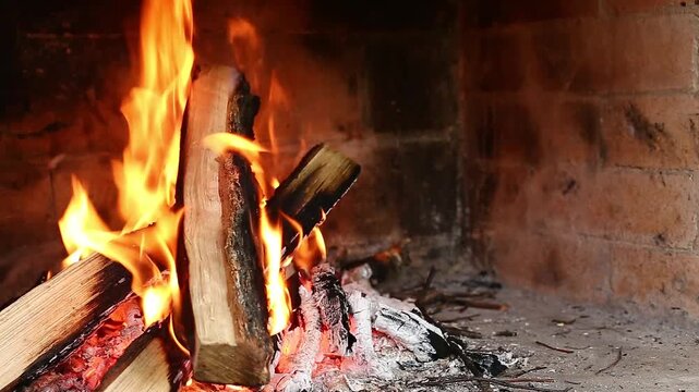 Burning birch firewood with red glowing coals in a brick fireplace, side view with empty space on the right for text overlay